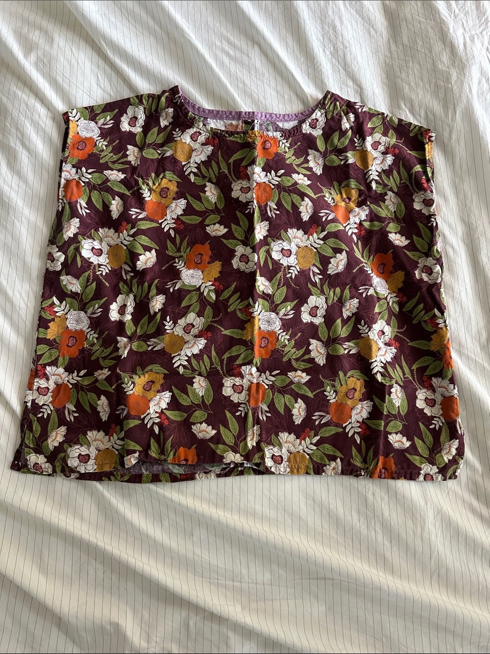 Women’s Handmade Floral Boxy Top in Burgundy with Orange, White, and Yellow.